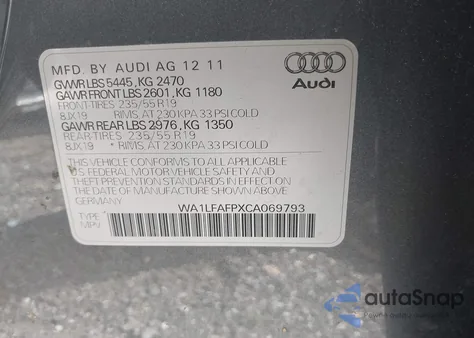 2012 Audi Q5 2.0T Premium из США, поврежденный, VIN WA1LFAFPXCA069793